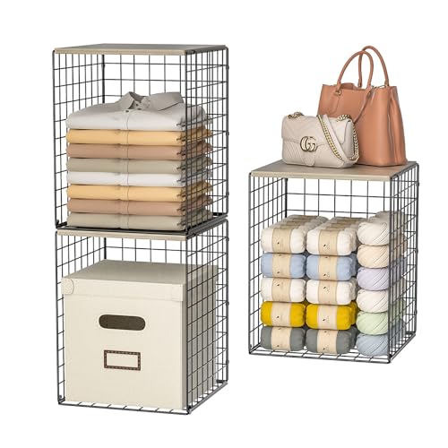 3-Pack Taller Closet Organizers and Storage with Wood Top, Stackable Wire Storage Bins for Clothes, Bags, Towels, Double Storage Design, Sturdy Metal Cube Shelf Organizer for Closet Wardrobe, Black