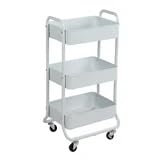 3-Tier Metal Frame Laundry Cart with 4 Smooth Rolling Casters, White Utility Storage Organizer on Wheels, Multi-Purpose Rolling Cart for Tools, Utensils, Food, Drinks, Toiletries & Household Items