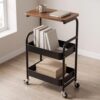 3-Tier Metal Rolling Cart with Wooden Tabletop, Mobile Utility Storage Rack Organizer with 2 Mesh Baskets and Lockable Wheels for Kitchen, Living Room, Office, Walnut Top