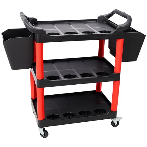 3-Tier Mobile Detailer's Utility Cart with Tool Organization, Lockable Wheels, and Ergonomic Handle for Garage, Workshop, and Auto Care Efficiency - Heavy-Duty Storage Solution for Professionals