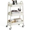 3-Tier Rolling Utility Cart, Metal Storage Organizer with Lockable Caster Wheels, Mobile Shelving Cart for Bathroom, Kitchen, Living Room, Office & Narrow Spaces, White