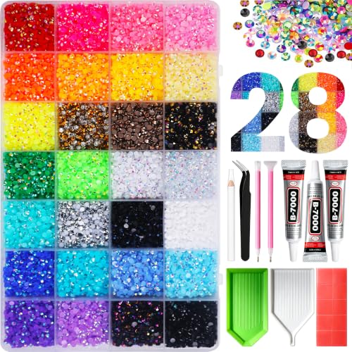 30000Pcs Bedazzling Kit with Rhinestones, 28 Colors 3mm Flatback Resin Bedazzler Gems Set with 3 Pcs B7000 Glue, Bedazzler Diamond Art Craft Tools for DIY Clothes Shoes Cup Nail