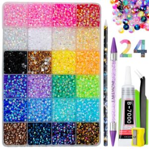 30000Pcs Resin Jelly Rhinestones for Bedazzling, EARLMONI Flatback Gems Bedazzler Kit with 15ml B7000 Jewelry Glue Rhinestones Picker Tool (4mm 24 Colors)