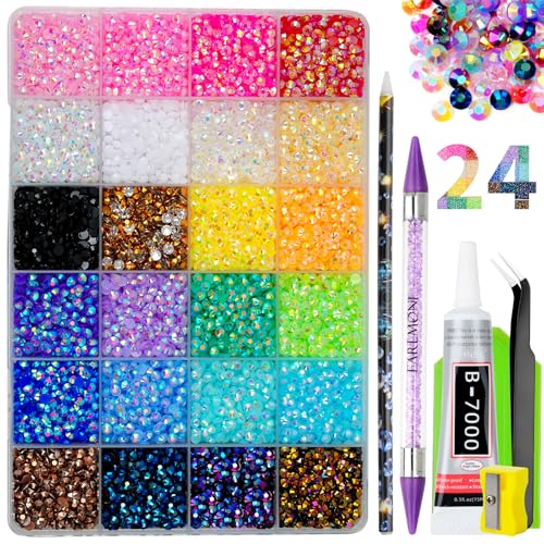 30000Pcs Resin Jelly Rhinestones for Bedazzling, EARLMONI Flatback Gems Bedazzler Kit with 15ml B7000 Jewelry Glue Rhinestones Picker Tool (4mm 24 Colors)
