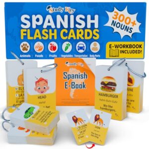 300 Bilingual English Spanish Flash Cards for Adults & Kids Ages 12+ Beginners - Noun Vocabulary with Pictures, Pronunciation, Sentences, Adult Self Study & Learn Spanish Workbooks for Adults