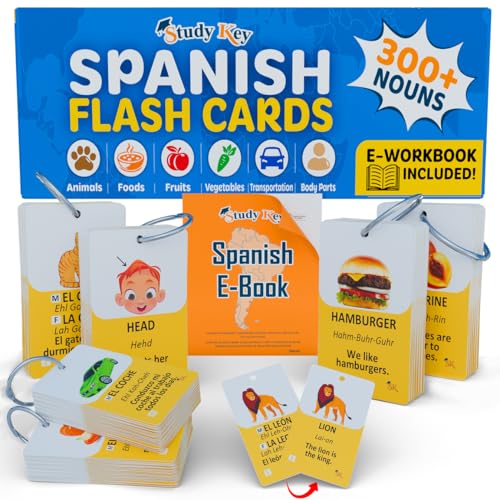 300 Bilingual English Spanish Flash Cards for Adults & Kids Ages 12+ Beginners - Noun Vocabulary with Pictures, Pronunciation, Sentences, Adult Self Study & Learn Spanish Workbooks for Adults