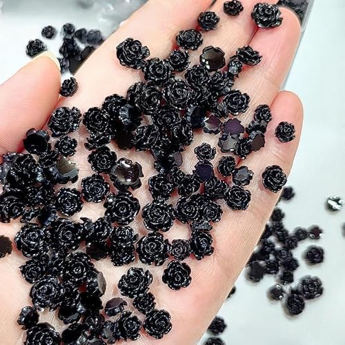 300Pcs Black Rose Flower Nail Charms 3D Romantic Rose Nail Rhinestones Valentines Nail Art Charms Flatback Resin Flower Charms for Acrylic Nails Black Floral Gem Nail Jewelry for Women Manicure DIY