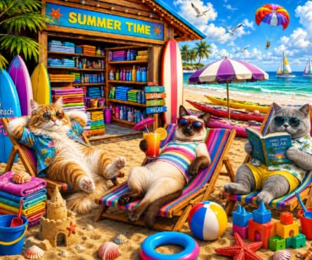 300 Piece Jigsaw Puzzle for Kids & Adults – Cat Beach Vacation Puzzle with Seaside Bookstore, Ocean View, Surfboards & Colorful Coastal Scene, Family Puzzle Gift for Boys Girls Ages 8+, 20.5 x 15 in
