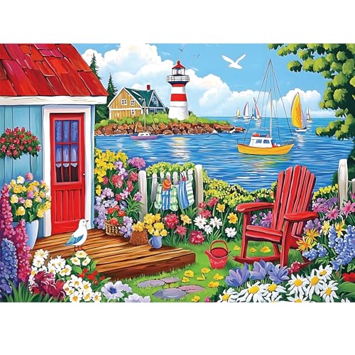 300 Pieces Puzzles for Adults,Seaside Garden House 300 Pieces Large Puzzle for Adults Seniors,Coastal Lighthouse Jigsaw Puzzle for Kids Ages 8-10,Challenging Family Games, 20.5 x 15 in