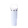 30oz Insulated Stainless Steel Travel Tumbler with Handle & Straw Lid, Leakproof, Cupholder Friendly, Keeps Drinks Cold 24 Hours, Reusable Bottle for Daily Hydration -Blue&White