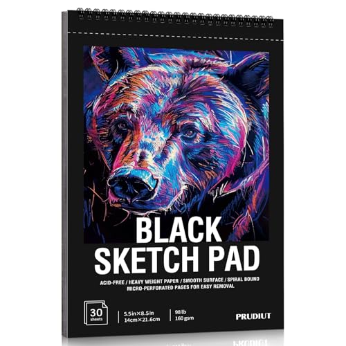 30 Sheets Black Paper Sketchbook, 98lb/160gsm Heavyweight Black Sketch Pad 5.5×8.5in, Acid-Free Drawing Paper, Spiral Bound Sketch Book for Kids, Teens, Artist