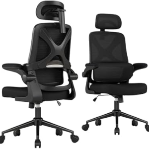 Ergonomic Office Chair – Desk Chair with Adjustable Headrest Lumbar Support Computer Chair – Mesh Comfy Chair with Flip-up Armrests – Gaming Chairs for Adults Home Office (Black+Black)