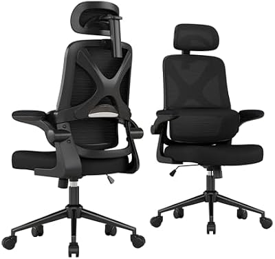 Ergonomic Office Chair - Desk Chair with Adjustable Headrest Lumbar Support Computer Chair - Mesh Comfy Chair with Flip-up Armrests - Gaming Chairs for Adults Home Office (Black+Black)