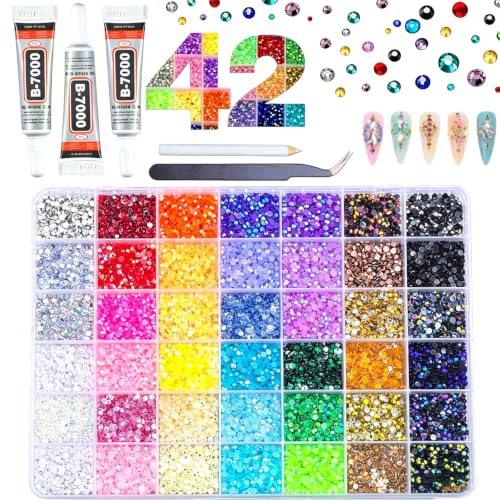 32000Pcs 42 Colors Jelly Rhinestones Kit for Bedazzling,3mm Multicolor Resin Flatback Gems Bedazzler Kit with 3Pcs B7000 Jewelry Glue & Tools for Nail Rhinestones,Shoes,Crafts,Makeup,Diamond Art & DIY