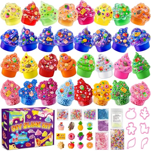 32 Pack Slime Kit for Girls & Boys - Premade Slime for Kids, Ultimate DIY Party Crafts Set with 4 Types Slime of Clear, Butter, Galaxy, Foam, Add-Ins, Party Favors & Gift Toys for Ages 3-12