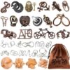 32 Pcs Brain Teaser Puzzles Set for Adults Kids – Wooden & Metal 3D IQ Game, Challenging Disentanglement Logic Puzzles, Family Party Favor Portable Travel Pouch Set