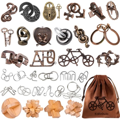 32 Pcs Brain Teaser Puzzles Set for Adults Kids – Wooden & Metal 3D IQ Game, Challenging Disentanglement Logic Puzzles, Family Party Favor Portable Travel Pouch Set