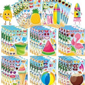 32 Sheets Summer Stickers for Kids, Make a Face Sticker Hawaii Tropical Pool Beach Stickers, Make Your Own Watermelon Pineapple Flamingo Sticker for Tropical Luau Party, Summer Holiday Party Favors