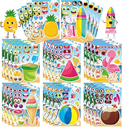 32 Sheets Summer Stickers for Kids, Make a Face Sticker Hawaii Tropical Pool Beach Stickers, Make Your Own Watermelon Pineapple Flamingo Sticker for Tropical Luau Party, Summer Holiday Party Favors
