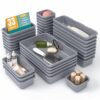 33 PCS Drawer Organizer Set, 4 Size Makeup Drawer Divider Organizer With Non-Slip Pads, Interlocking Plastic Storage Bins for Office,Jewelry Vanity,Gadgets, Bathroom,Kitchen, Grey