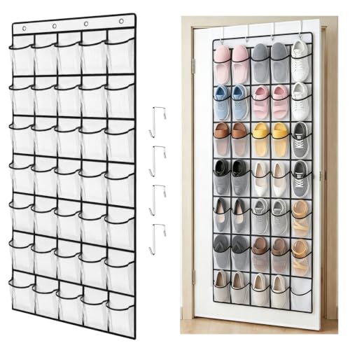 35 Pockets Over The Door Shoe Organizer, Large Breathable Mesh Hanging Shoe Rack with 4 Metal Hooks, Space Saving White Over Door Shoe Storage Holder Mesh Bag for Closet Entryway Bedroom Pantry
