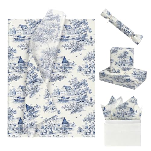 35 Sheets Floral Tissue Paper, 20x14in Flower Tissue Paper for Gift Bags Gift Wrapping, Crafts, Decoupage Art Packing Supplies for Weddings, Birthdays, Holidays Decor-Village Blue
