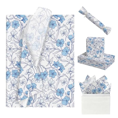 35 Sheets Floral Tissue Paper, 20x14in Flower Tissue Paper for Gift Bags Gift Wrapping, Crafts, Decoupage Art Packing Supplies for Weddings, Birthdays, Holidays Decor-Blue Floral