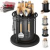 360° Rotating Stainless Steel Knife Holder & Organizer, Multi-function Round Kitchen Knife Storage Rack with Detachable Drip Tray, 6 Hooks, Multi Slot, Space Saver,Bonus 5 Dish Sponges，Black：Short