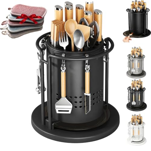 360° Rotating Stainless Steel Knife Holder & Organizer, Multi-function Round Kitchen Knife Storage Rack with Detachable Drip Tray, 6 Hooks, Multi Slot, Space Saver,Bonus 5 Dish Sponges,Black:Short