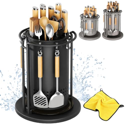 360 Rotating Stainless Steel Knife Holder & Utensil Organizer, Universal Stainless Steel Kitchen Countertop Storage with Removable Drip Tray & 6 Hooks, For Knife, Fork, Spoon,Black:Long Style