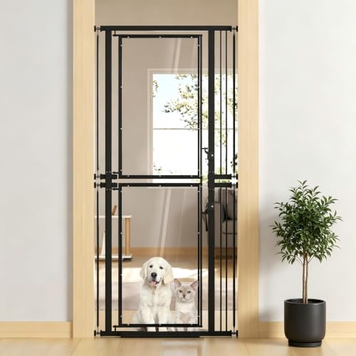 36/74" Extra Tall Cat Gate, 29.5-32.3" Width Adjustable Pet Gate, 2-in-1 Transparent Design, Detachable to 2 Separate Fences, Pressured Mounted Pet Gate for Doorways, Stairs, Black