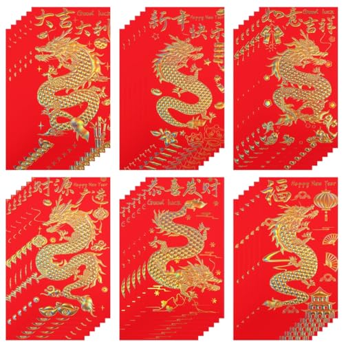 36 PCS Chinese Red Envelopes, 6 Designs for 2024 Lunar New Year, Money Packets and Lucky Money Envelopes, Gold Embossed 3D Blessings, Dragon Patterns, Spring Festival Envelopes