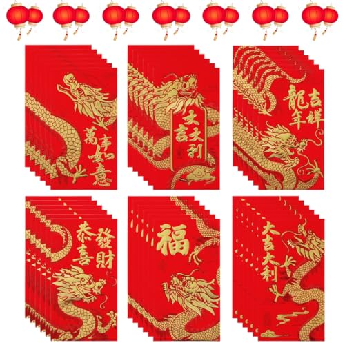 36 PCS Chinese Red Envelopes, Chinese Lunar New Year Money Packets, 2024 New Year Lucky Money Envelopes with Gold Stamped 3D Blessings and Dragon Patterns, Spring Festival Envelopes