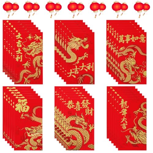36 PCS Chinese Red Envelopes, Chinese Lunar New Year Money Packets, Lucky Money Envelopes with Gold Stamped 3D Blessings and Dragon Patterns, Spring Festival Envelopes for 2024 New Year