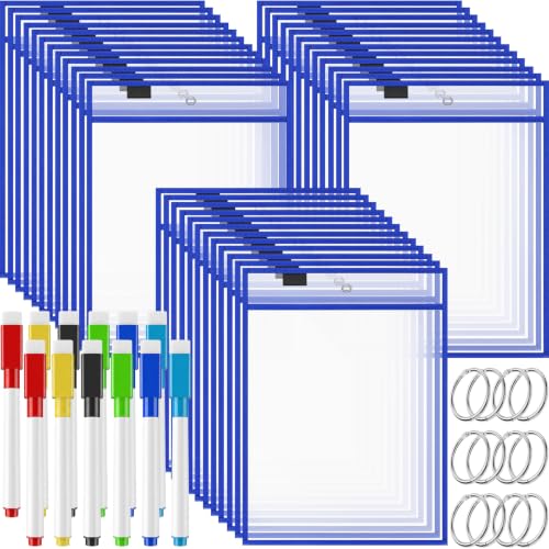 36 pcs Job Ticket Holders, Dry Erase Pockets Shop Ticket Holders Work Order Holder Pockets Clear Dry Erase Sleeves, 14 * 10 Both Sides Clear for Work, Office, Classroom Organization(Blue)