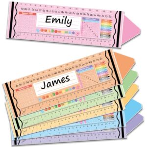 36pcs Pastel Crayon Desk Name Tags Multipurpose Traditional Manuscript Cursive Students Name Plates with Alphabet, Number Addition & 100 Chart, Ruler for School Classroom Teacher Supplies Desk Decor