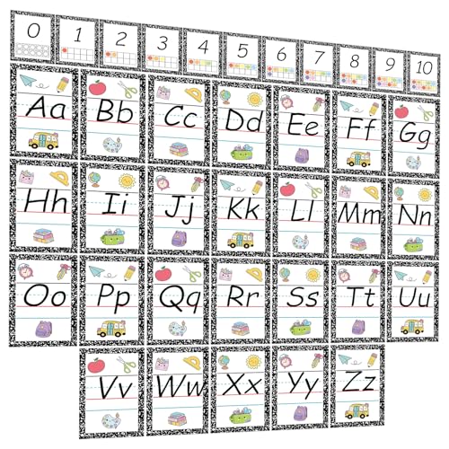 37 Pcs Composition Bulletin Board Alphabet Numbers Poster Composition Notebook Alphabet Bulletin Board Decor ABC Letters Numbers Cards Set Classroom Aids for School Office Home Wall Teacher Supplies