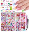 3D Assorted Chunky Nail Charms and Gems Kit, Pearls Bows Heart Star Cute 3D Flowers Rose Bear Macaron Round Beads Embellishments for Nail Art, Craft with Tweezer and Pickup Brush (13-20 Grids-Mixed)