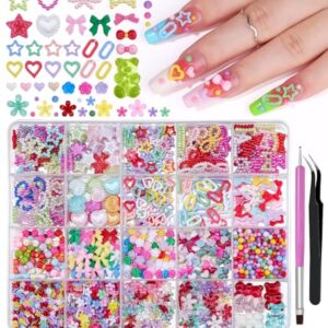 3D Assorted Chunky Nail Charms and Gems Kit, Pearls Bows Heart Star Cute 3D Flowers Rose Bear Macaron Round Beads Embellishments for Nail Art, Craft with Tweezer and Pickup Brush (13-20 Grids-Mixed)