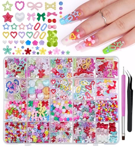 3D Assorted Chunky Nail Charms and Gems Kit, Pearls Bows Heart Star Cute 3D Flowers Rose Bear Macaron Round Beads Embellishments for Nail Art, Craft with Tweezer and Pickup Brush (13-20 Grids-Mixed)