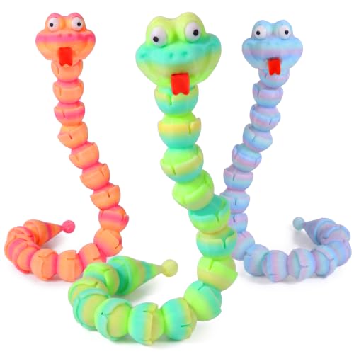 3D Printed Articulated Snake Fidget Toy, 18 Segments Flexible Posable Cartoon Snake, DIY Assembly Fake Snake, Sensory Toy Desk Decor & Educational Animal Model Gift (3 Pack - Gradient Colors)