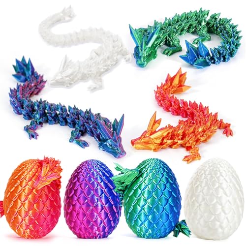 3D Printed Dragon with Egg, 4 PCS 8.6 inch Printed Fantasy Animals, Fidget Toy for Boys Girls Adult, Office Desktop Decoration Easter Basket Stuffers Graduation Gift for Teens