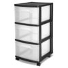 3 Drawer Medium Cart Clear Plastic Storage Drawers, Black