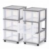 3 Drawer Narrow Plastic Storage Cart with Wheels, Set of 2 Rolling Organizer Tower with Clear Bins for Office, Bathroom, Closet, Gray (2)