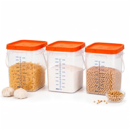 3 Pack 1 Gallon Clear Food Storage Containers with Lids, Square Plastic Buckets with Measurement Markings, Food Grade PP Pantry Storage Organizer for Flour, Rice, Cereal, Sugar and Snacks with Labels