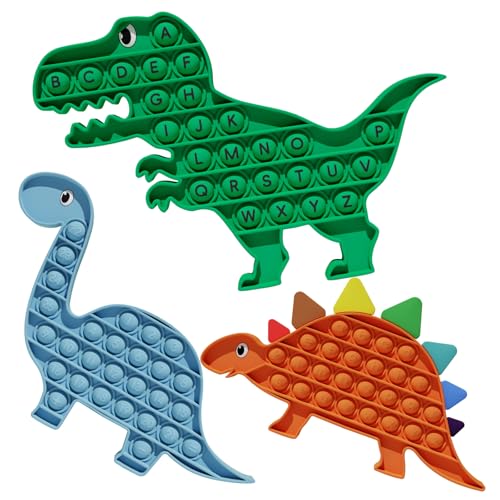 3 Pack Pop Fidget Toy Its with Alphabet, Sensory Fidget Poppers ABC Learning Toys for Kids, Silicone Dinosaur Pop Anxiety Stress Relief it Game for Classroom (Multiple Colors Dinosaur)