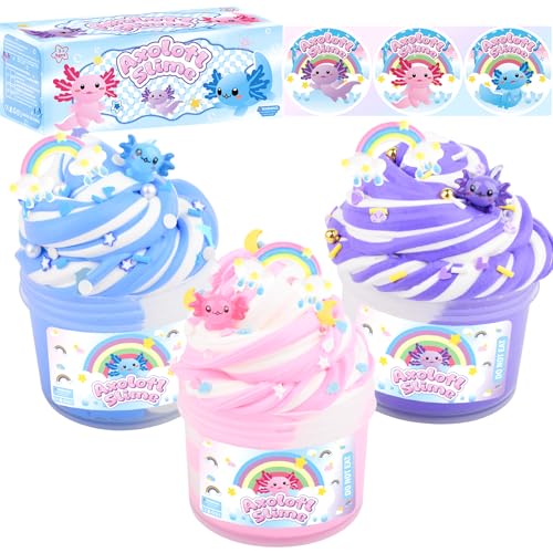 3 Pack Scented Axolotl Butter Slime Kit - Pink Blue Purple Colorful Axolotl Slime Toy, Super Soft Texture Non-Sticky, Birthday Gifts for Kids, Party Favors for Girls and Boys(3x100ml)