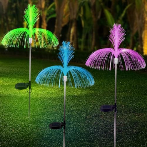 3 Packs Solar Garden Lights, Double-Layer Optical Fiber Jellyfish Decorative Lights, 7 Color Changing Outdoor for Landscape, Patio, Garden, Yard, Lawn, Pathway, IP65 Waterproof