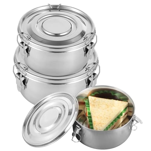 3 PCS Bento Box Set, 304 Stainless Steel Leak Proof Food Storage Containers, Dishwasher Safe Lunch Boxes, Round Airtight Stainless Steel Containers, 660 ML, 1040 ML, 1590 ML Sizes