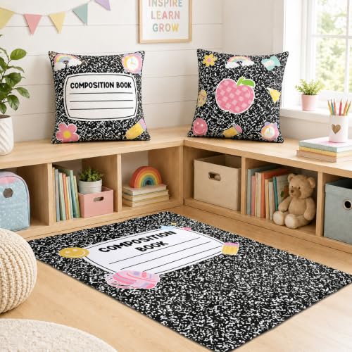 3 Pcs Composition Notebook Throw Pillow Covers and Rug Back to School Composition Notebook Classroom Decor Educational Area Rug Apple Pencil Rainbow Pillow Covers for Reading Coner Room Decor